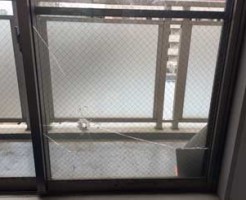 市川市の透明網入りガラス修理前